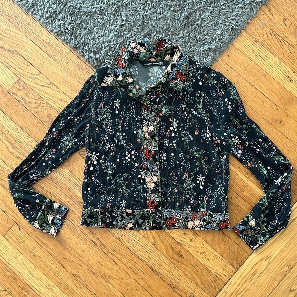 Zara Black Colorful Floral Botanical Garden Collared Snap Button Down XS